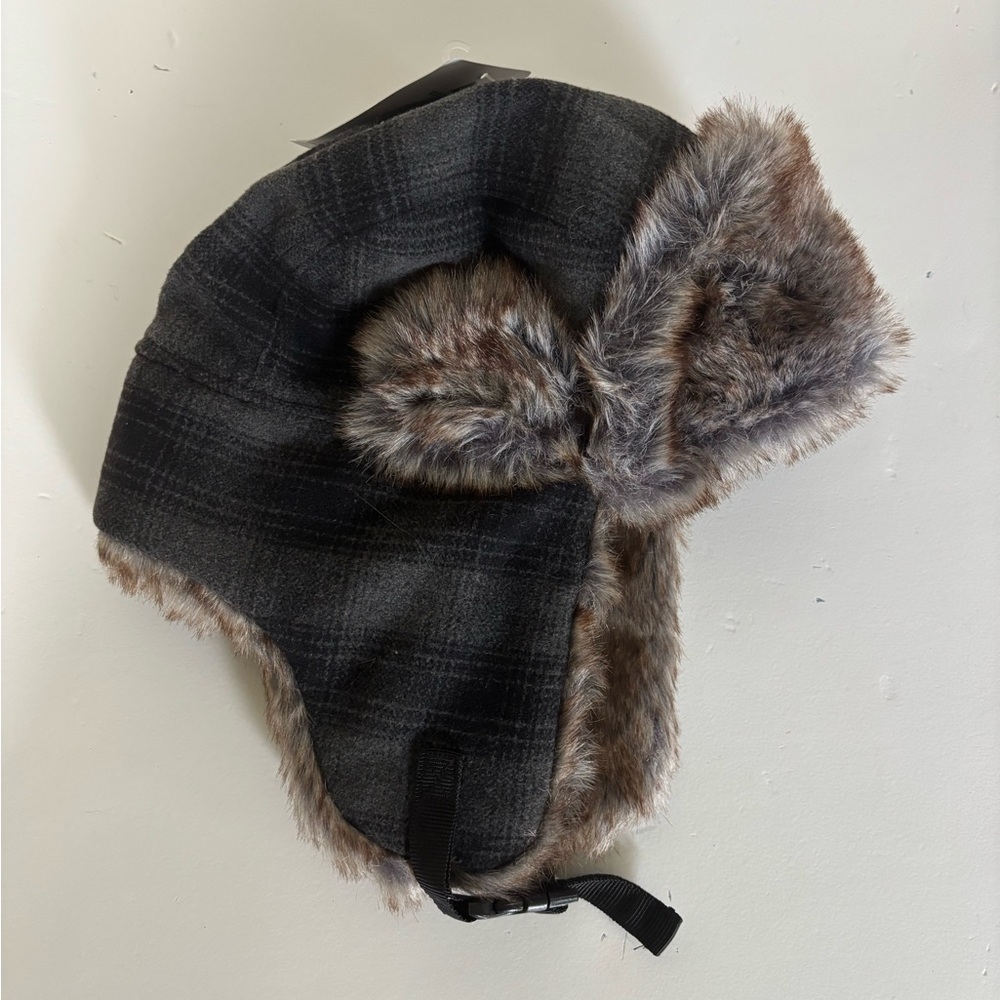 Ozark Trail Black Plaid Trapper Hat with Brown Faux Fur